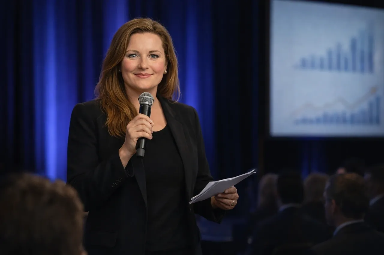 Female presenter holding microphone at conference
