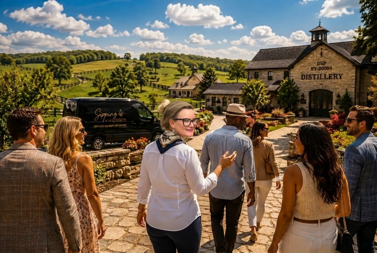 Group touring distillery in sunny countryside