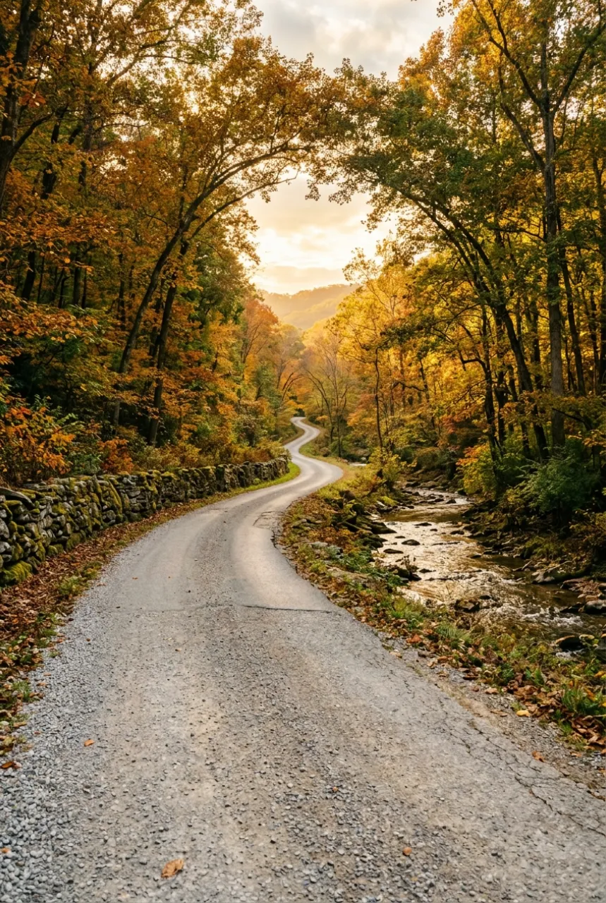 Winding country road through autumn forest