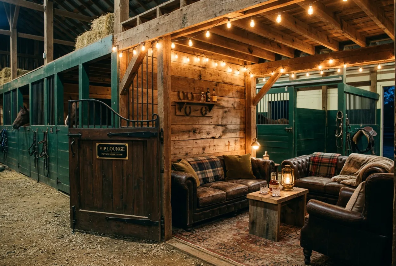 VIP Cozy rustic barn lounge with sofas and lights