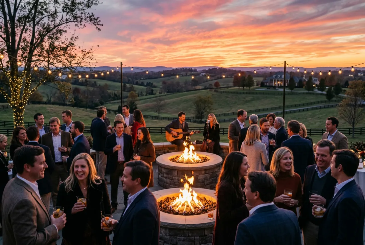 Guests mingling around fire pits at sunset