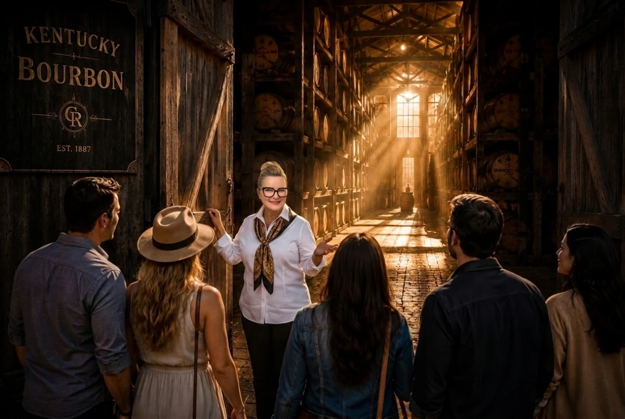 Guide leading group through Kentucky bourbon warehouse