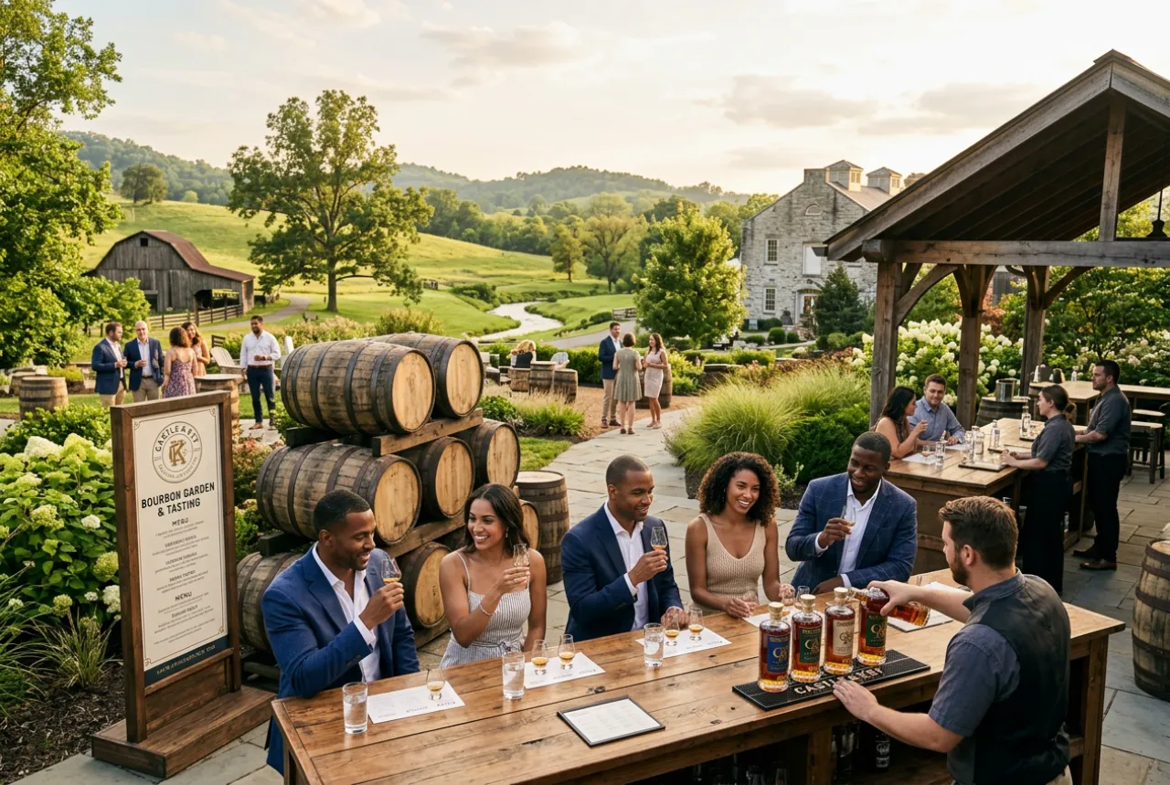 Outdoor whiskey tasting at scenic countryside distillery