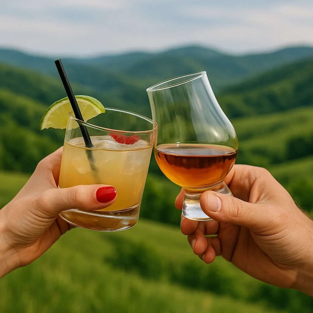 Hands clinking cocktail and whiskey in green hills
