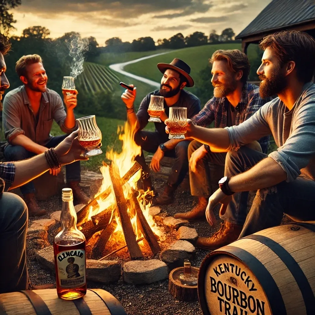 Friends toasting Kentucky bourbon around campfire