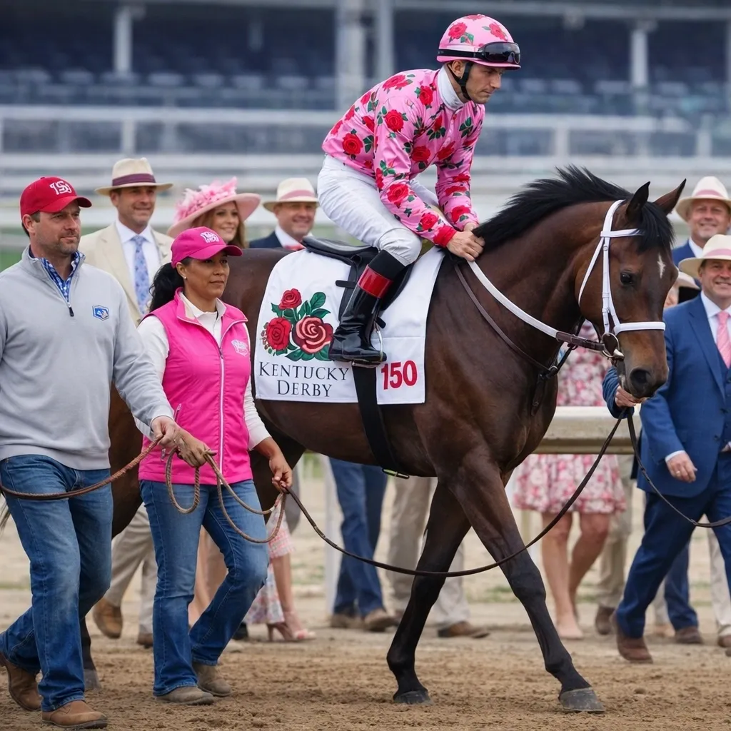 Jockey in pink floral silks at Kentucky Derby