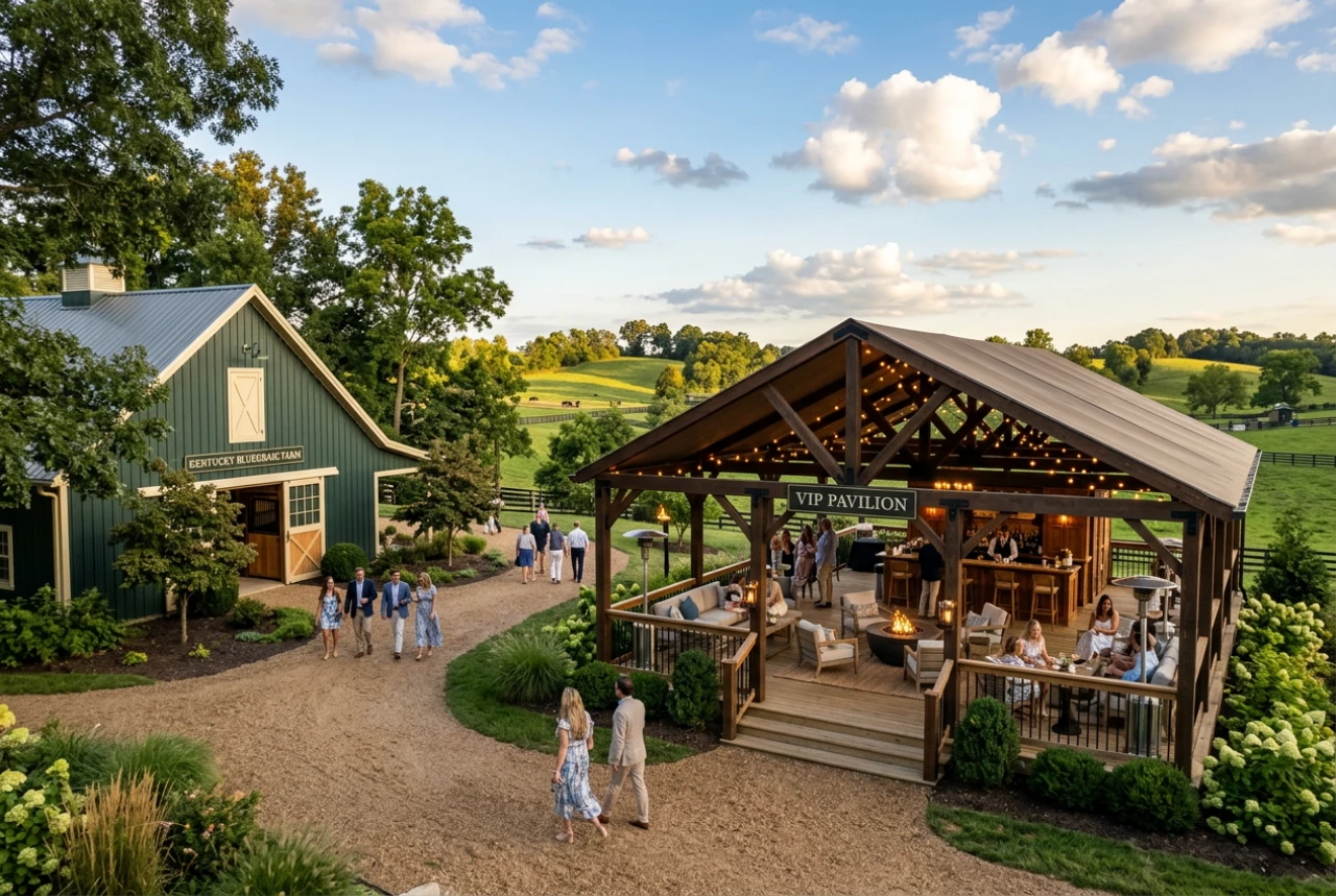 Vineyard VIP pavilion with guests at sunset