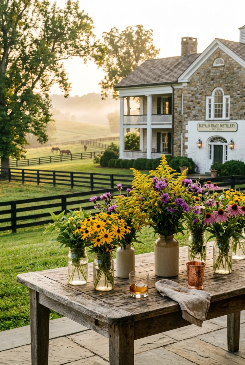 Rustic table with wildflowers overlooking stone farmhouse