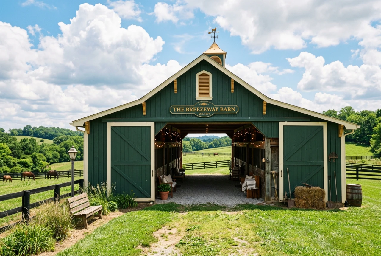 Green breezeway barn with open view of pasture