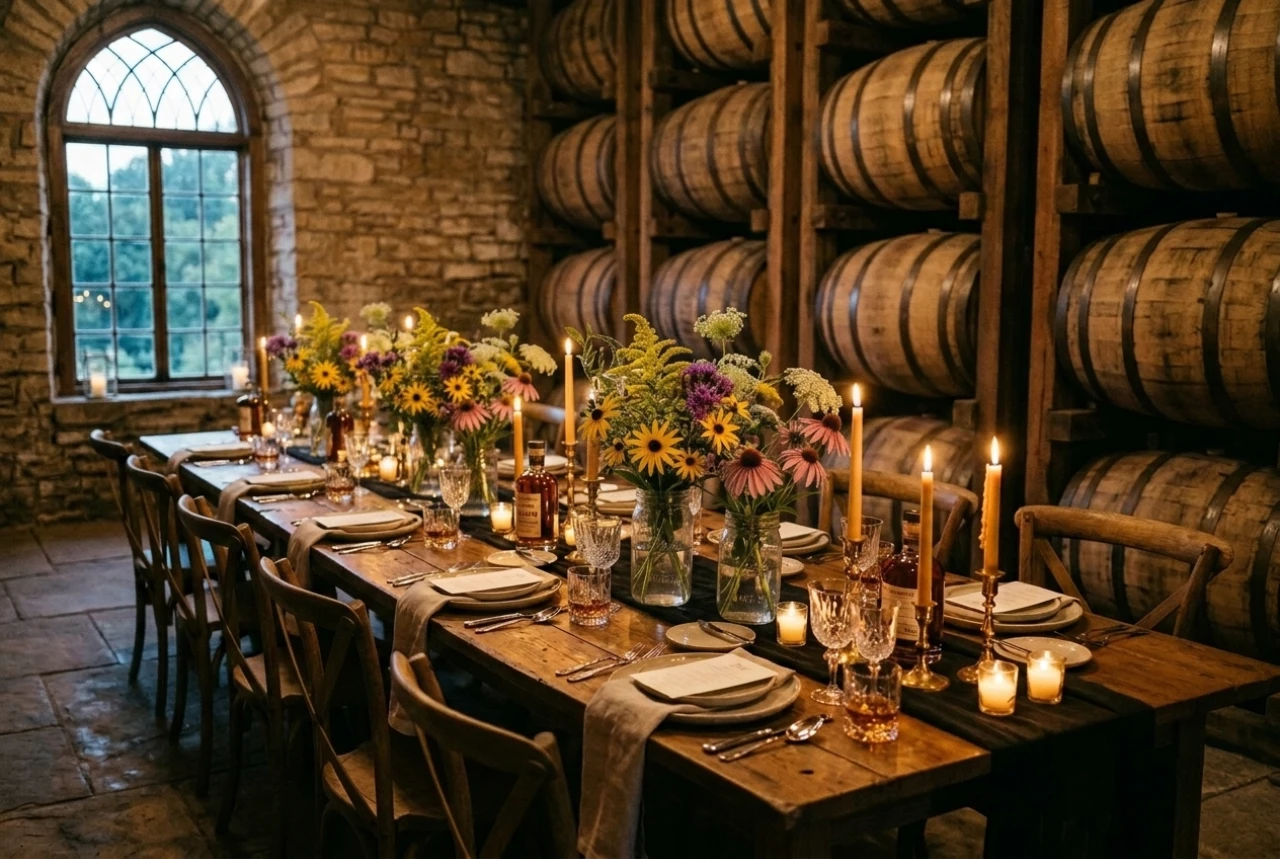 Candlelit dining table with flowers in wine cellar