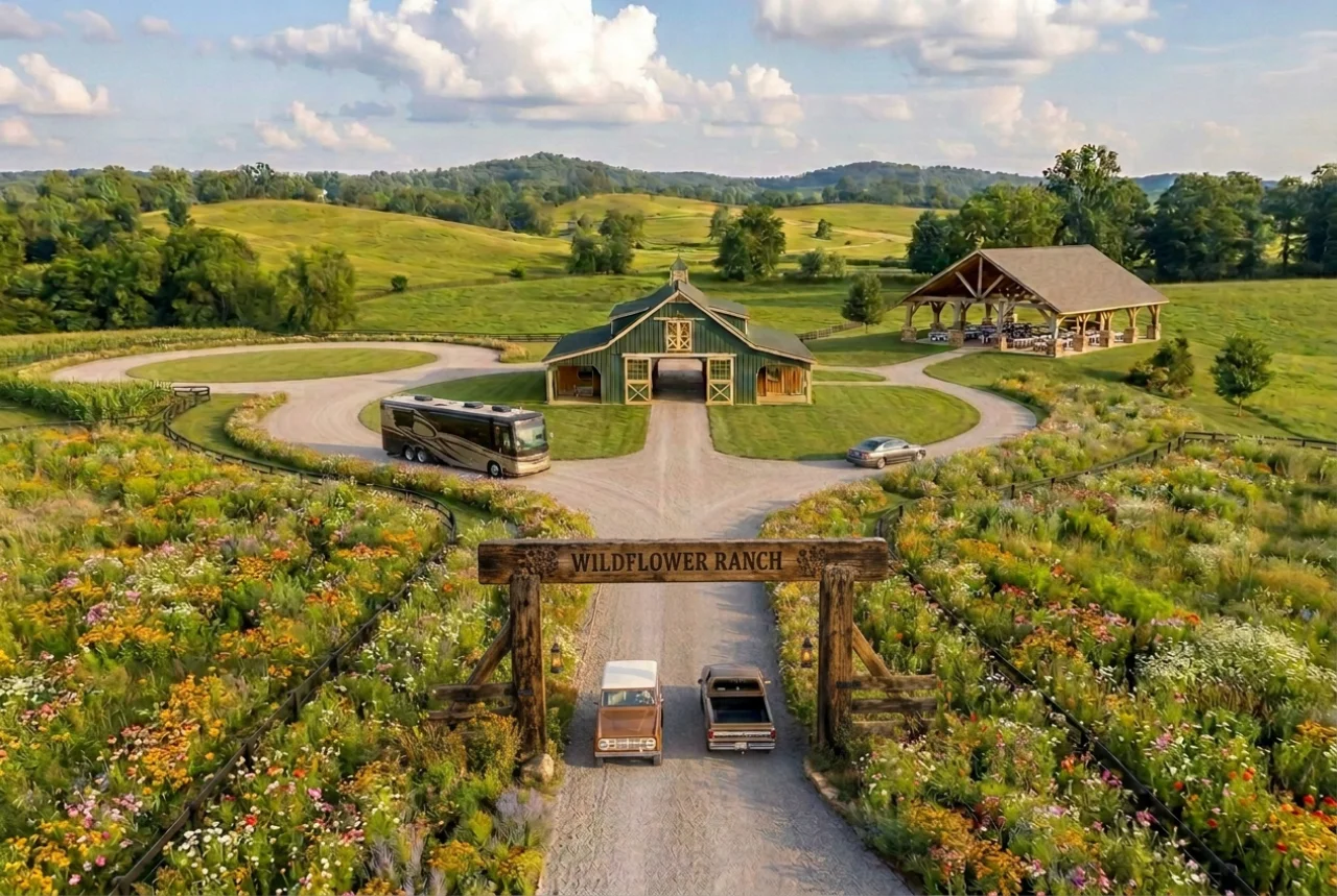 Wildflower Ranch entrance with cars, barn, and fields