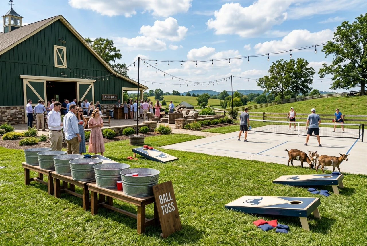 Barn party with lawn games and goats