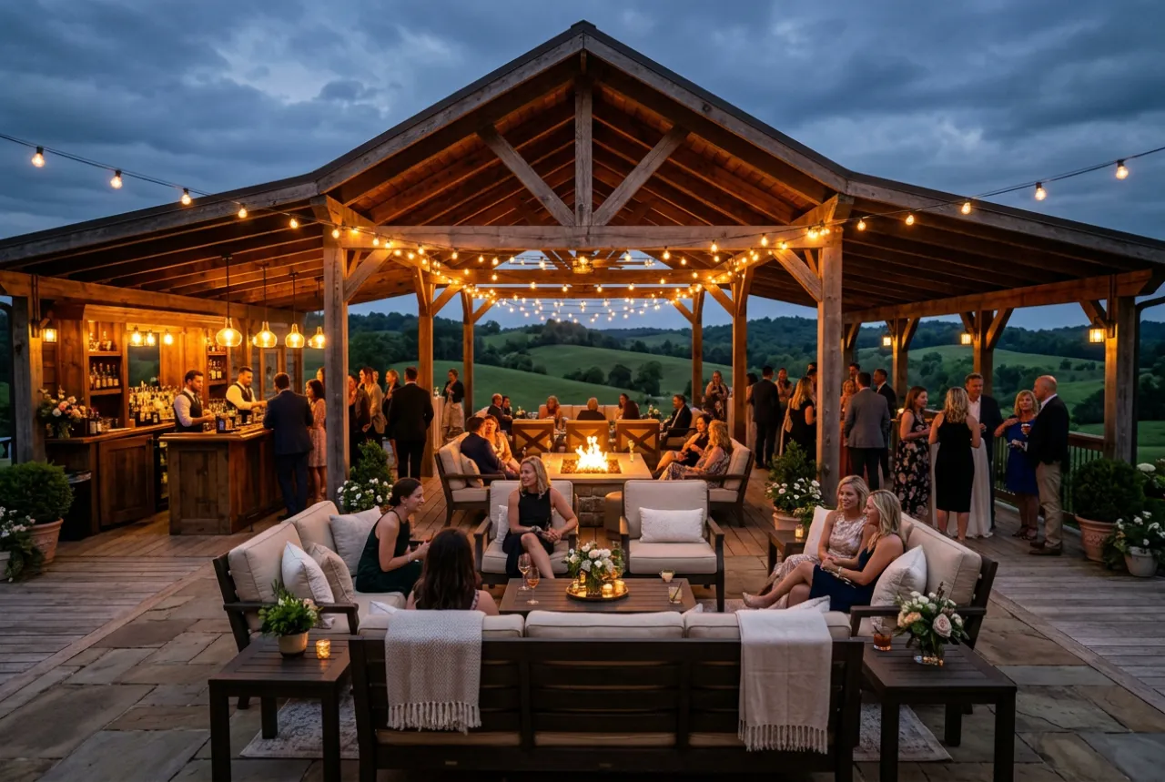 Evening gathering under string-lit wooden pavilion
