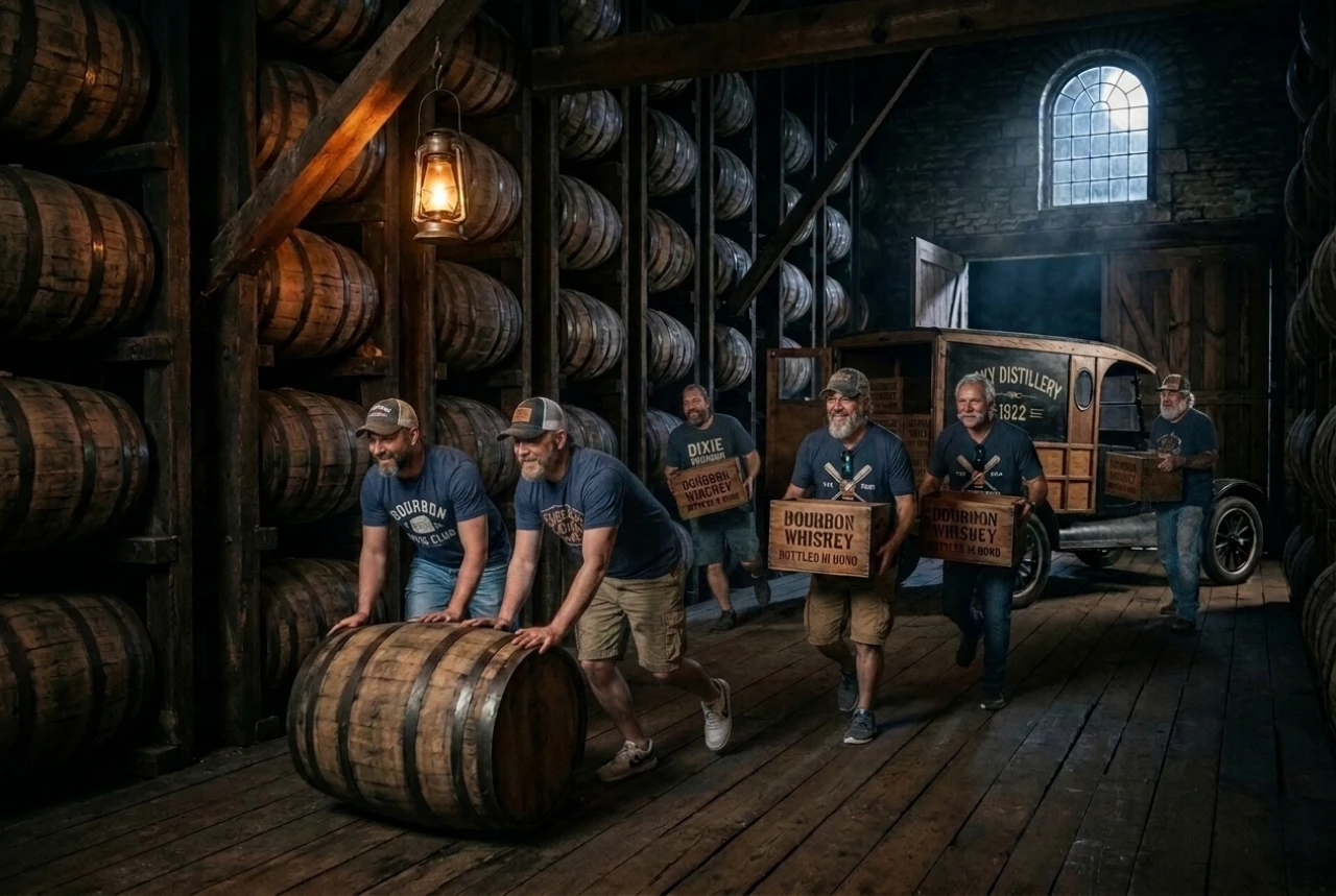 Workers rolling barrels in bourbon distillery warehouse