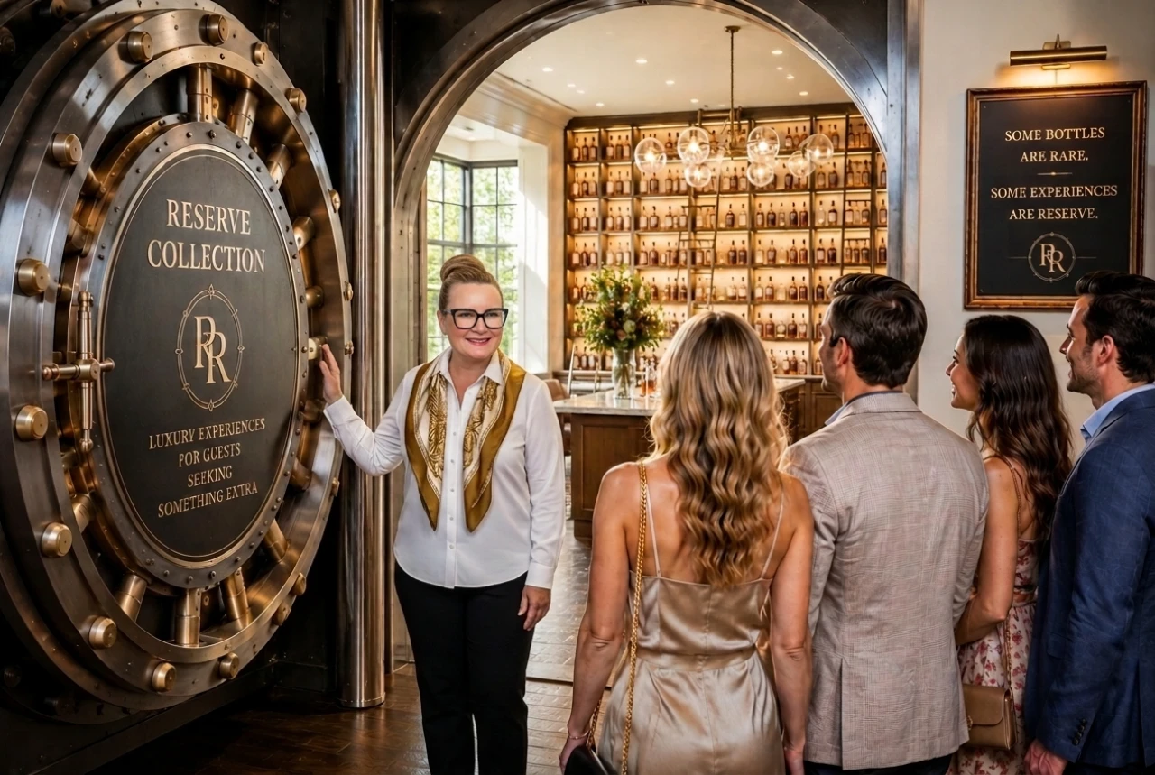 Guests in luxury wine reserve tasting room
