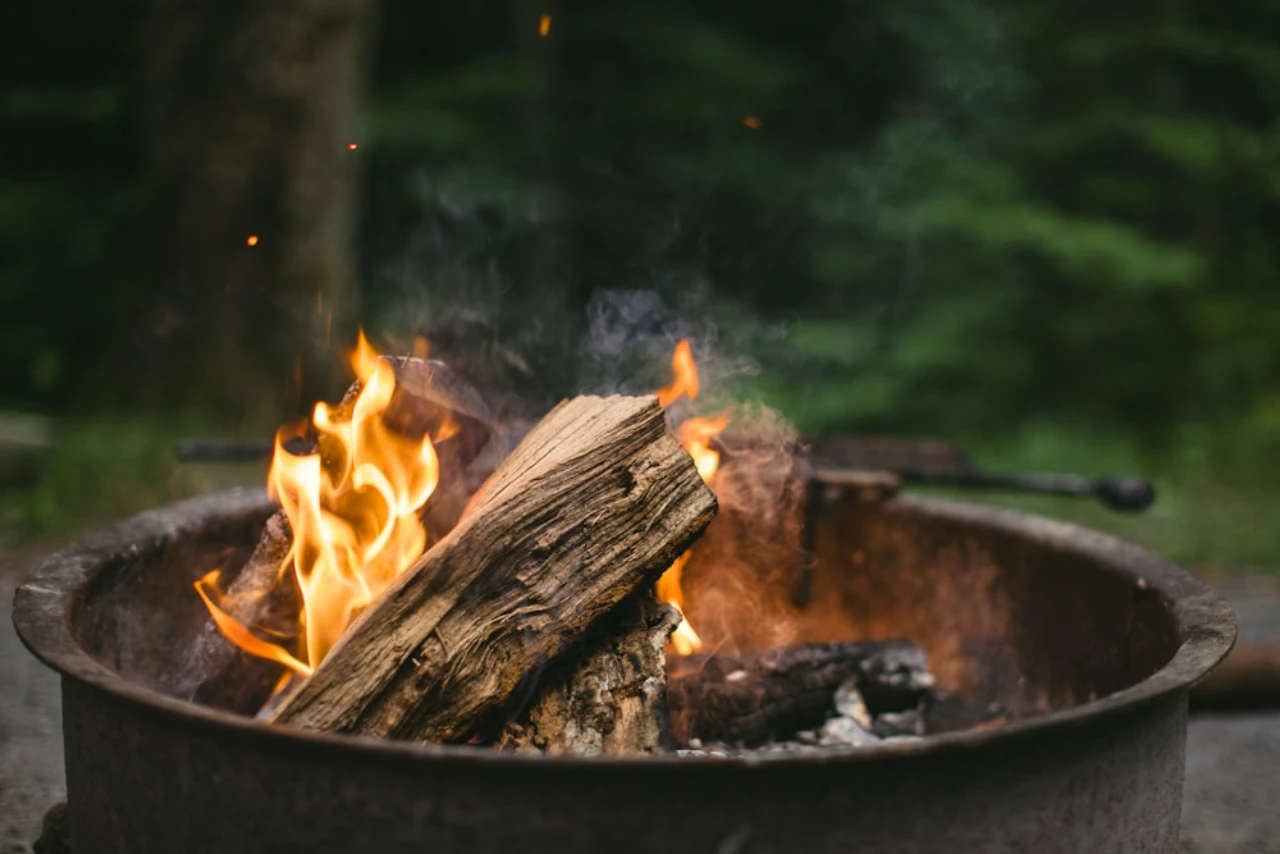 Outdoor fire pit with burning logs