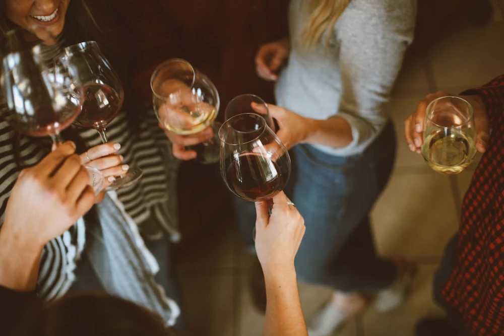 Friends clinking wine glasses at gathering