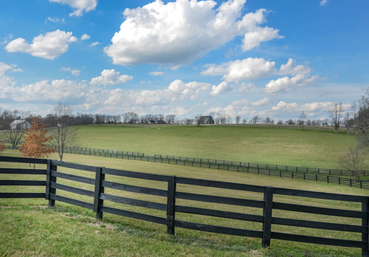 Black wooden fence and rolling green pasture