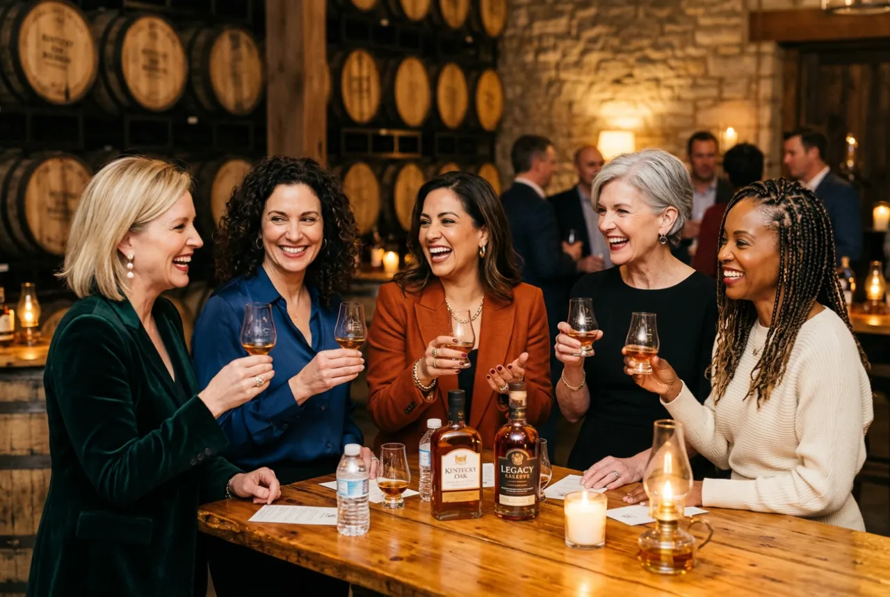 Women enjoying whiskey tasting in barrel room