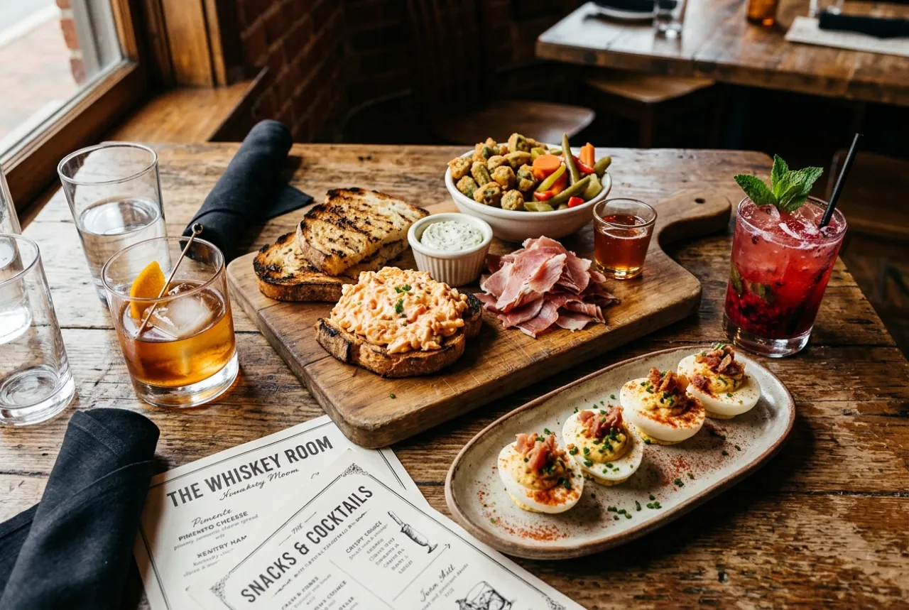 Charcuterie board, deviled eggs, cocktails on table