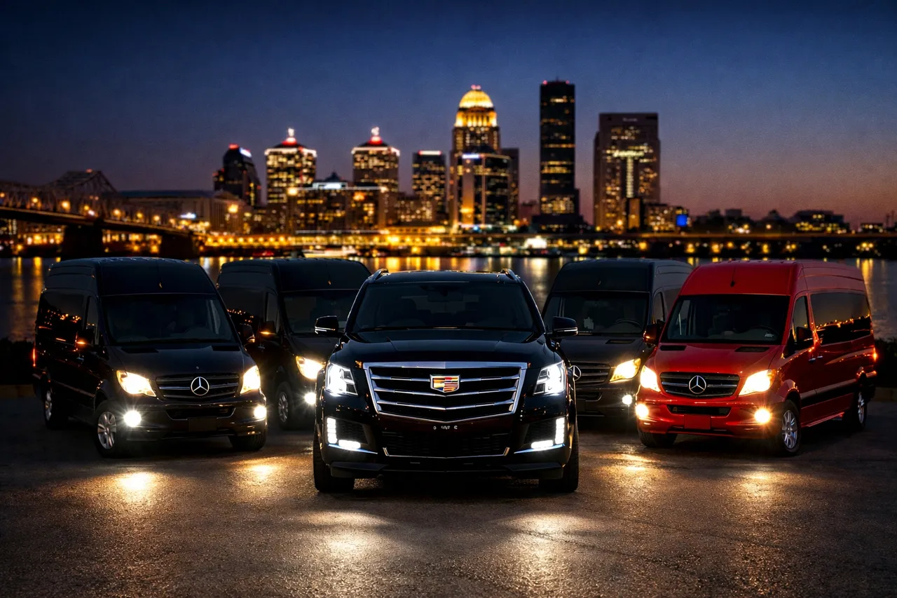 Luxury transportation fleet in front of city skyline